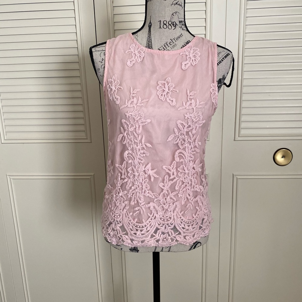 Lorena Rose light pink mesh embroidered tank top sleeveless Blouse size small